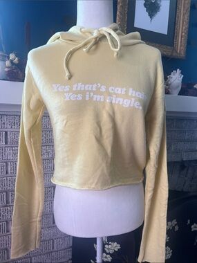 Wildfox Pale Yellow Cropped Hoodie “YES, THAT’S CAT HAIR. YES, I’M SINGLE”